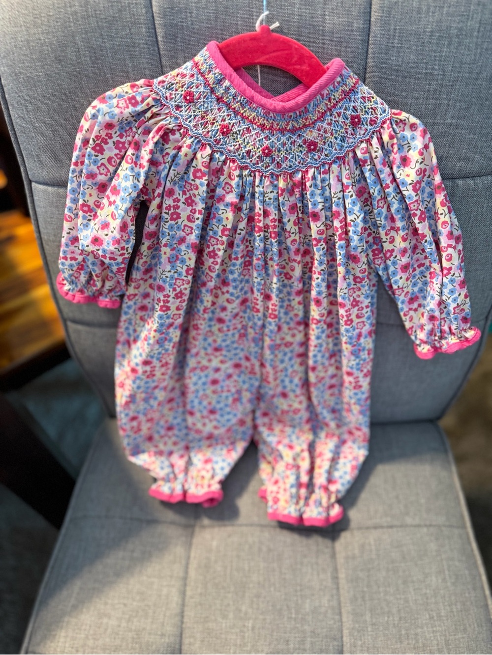 Petit Ami Pink Floral Smocked Romper